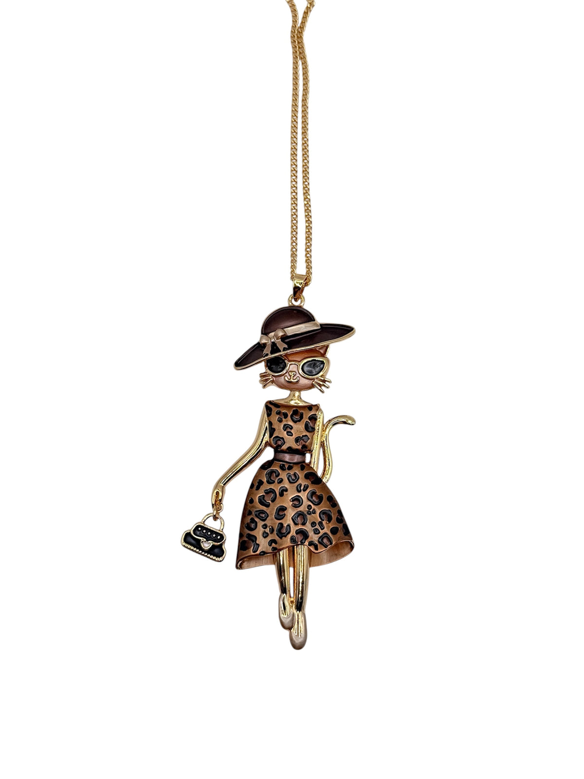 Collar "Sofía" - Collar largo con diseño de elegante gatita con vestido de leopardo marrón oscuro y sombrero