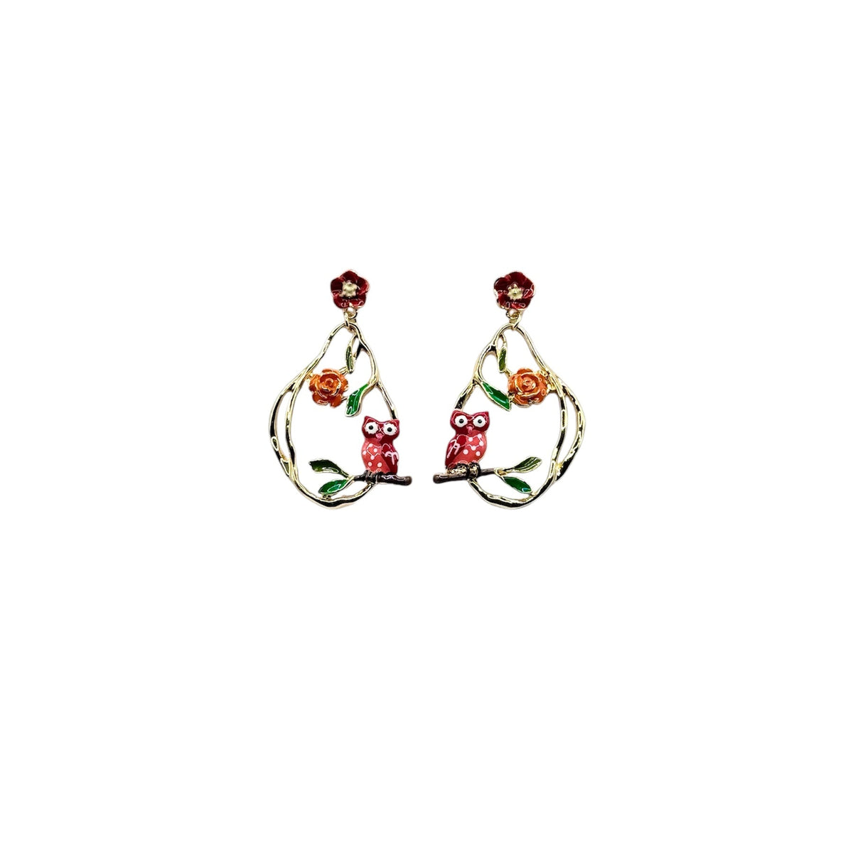 Pendientes "Búhos y Flores" - Pendientes de acero esmaltado con diseño de búhos entre ramas y flores.