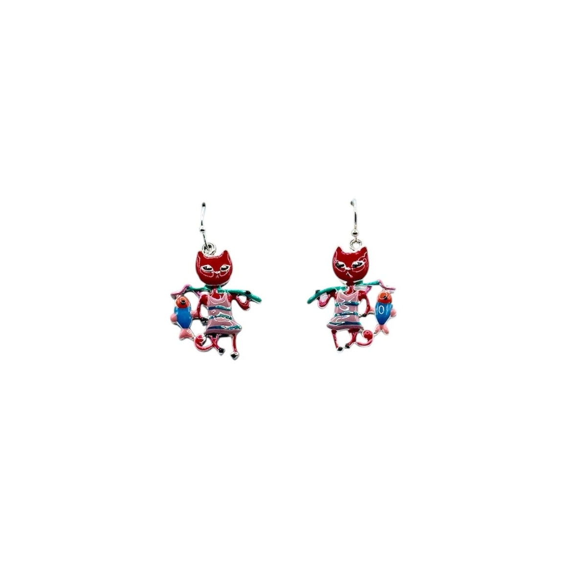 Pendientes "Gina" - Pendientes de acero esmaltado con diseño de gato pescando.