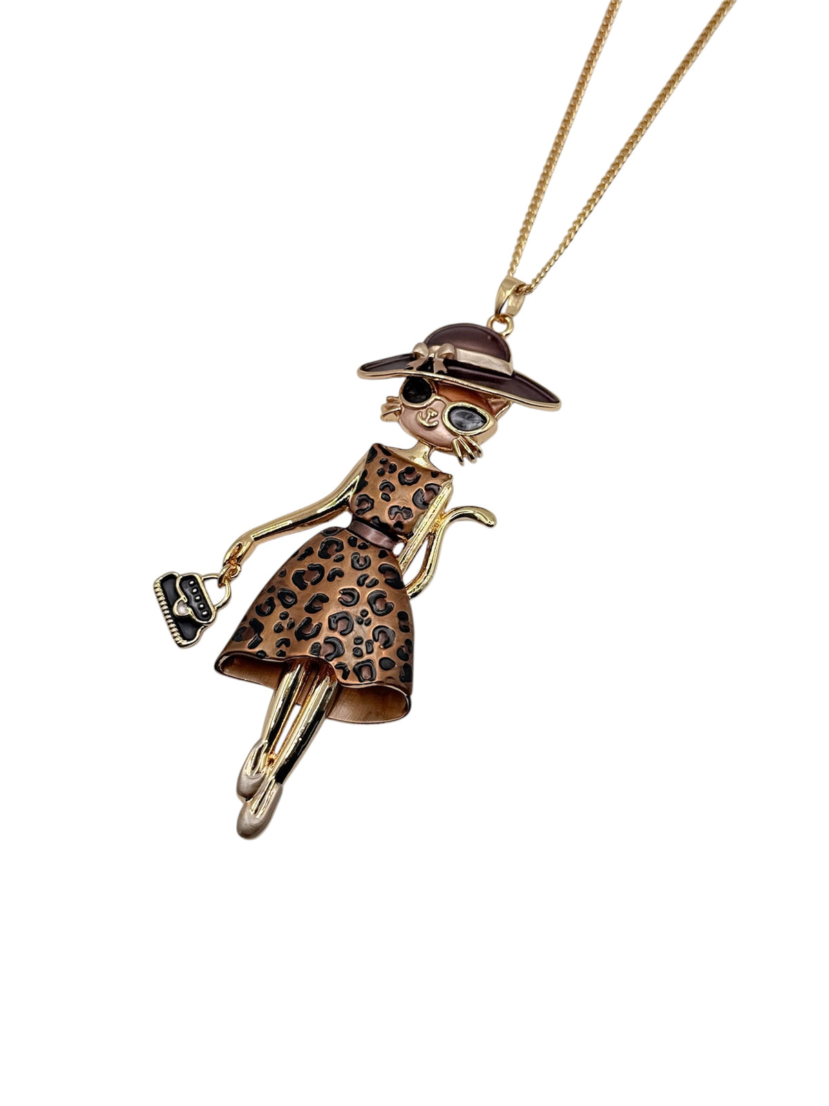 Collar "Sofía" - Collar largo con diseño de elegante gatita con vestido de leopardo marrón oscuro y sombrero