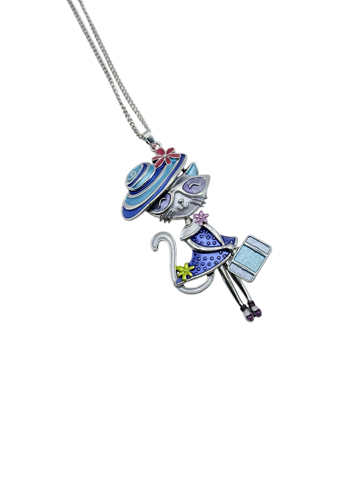 Collar "París" - Collar largo con diseño de gatita elegante con sombrero y vestido azul