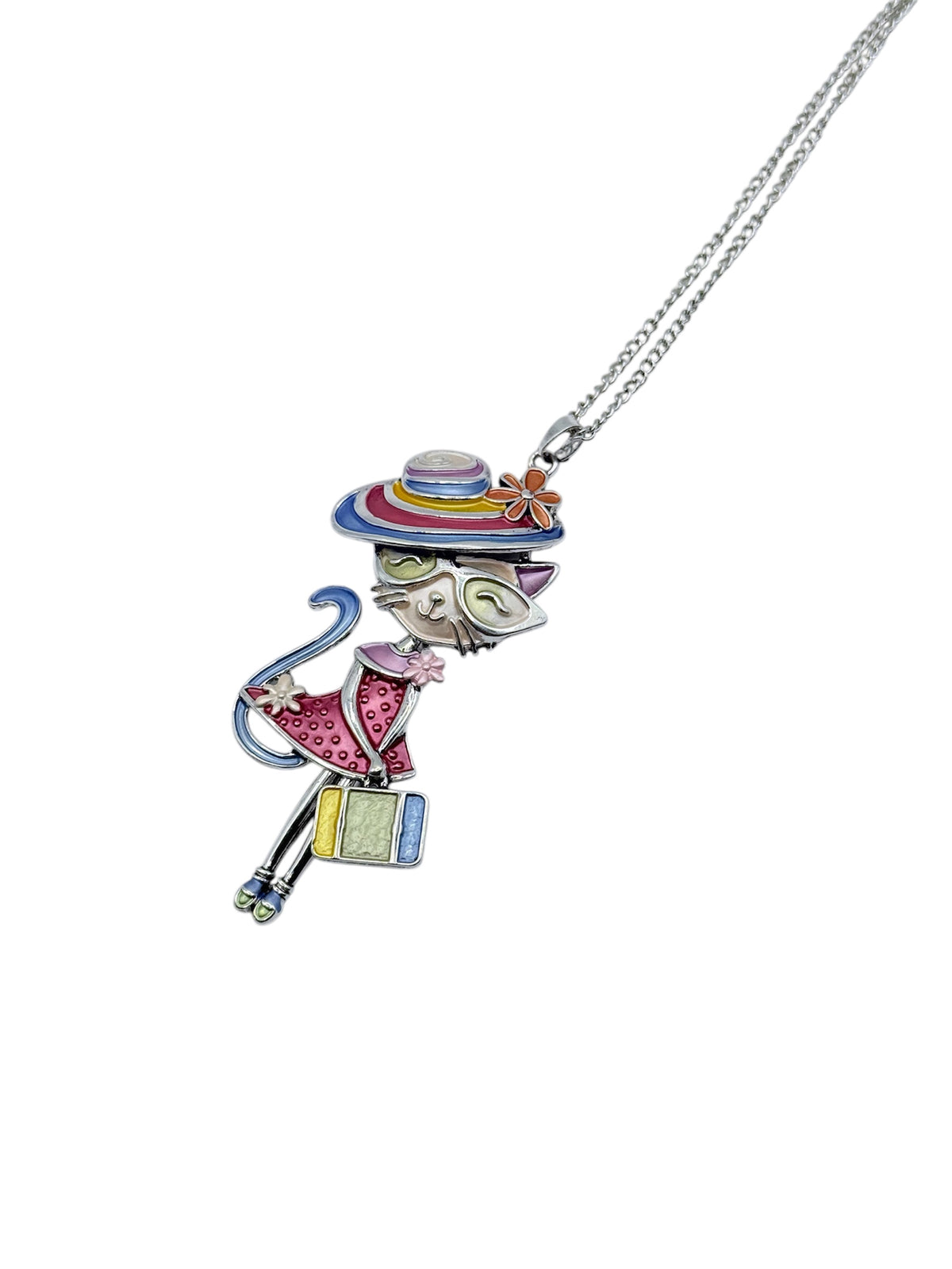 Collar "Margarita" - Collar largo con diseño de gatita viajera con sombrero y maleta