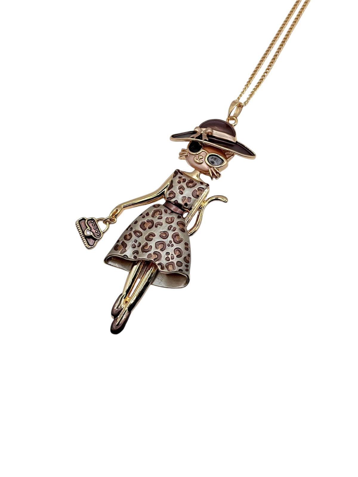 Collar "Gala" - Collar largo con diseño de gatita elegante con vestido de leopardo marrón claro y sombrero