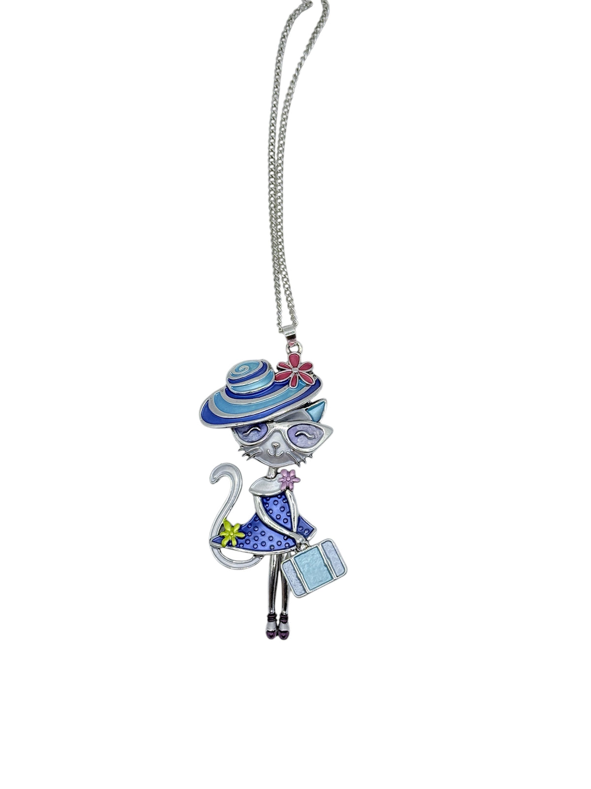 Collar "París" - Collar largo con diseño de gatita elegante con sombrero y vestido azul
