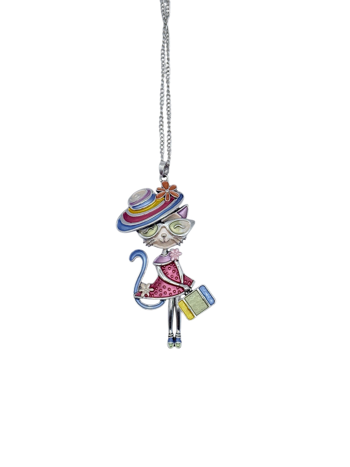 Collar "Margarita" - Collar largo con diseño de gatita viajera con sombrero y maleta