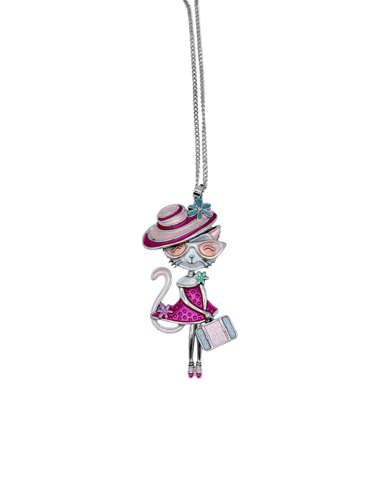 Collar "Rosa" - Collar largo con diseño de gatita viajera en tonos rosas y sombrero