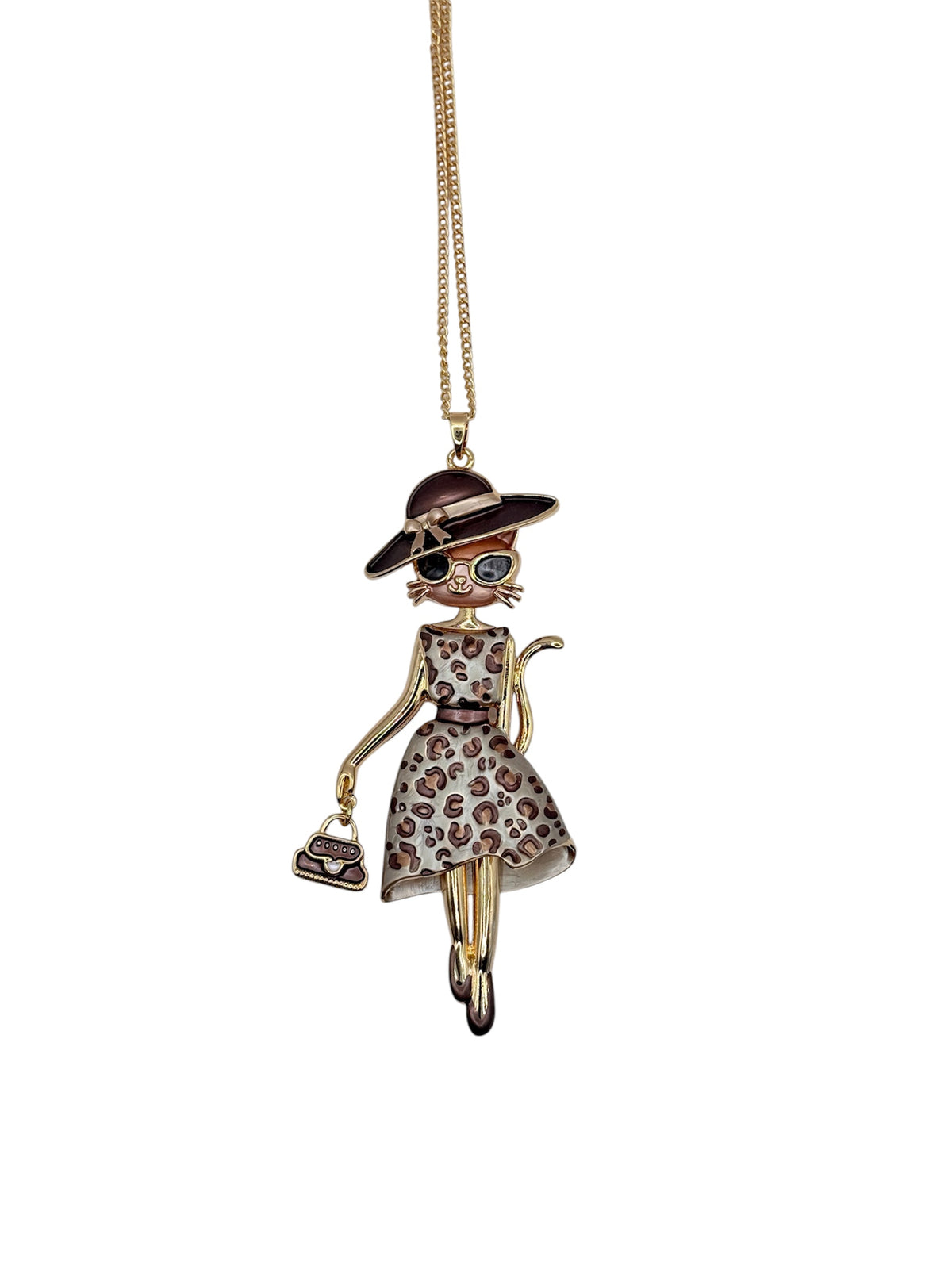 Collar "Gala" - Collar largo con diseño de gatita elegante con vestido de leopardo marrón claro y sombrero