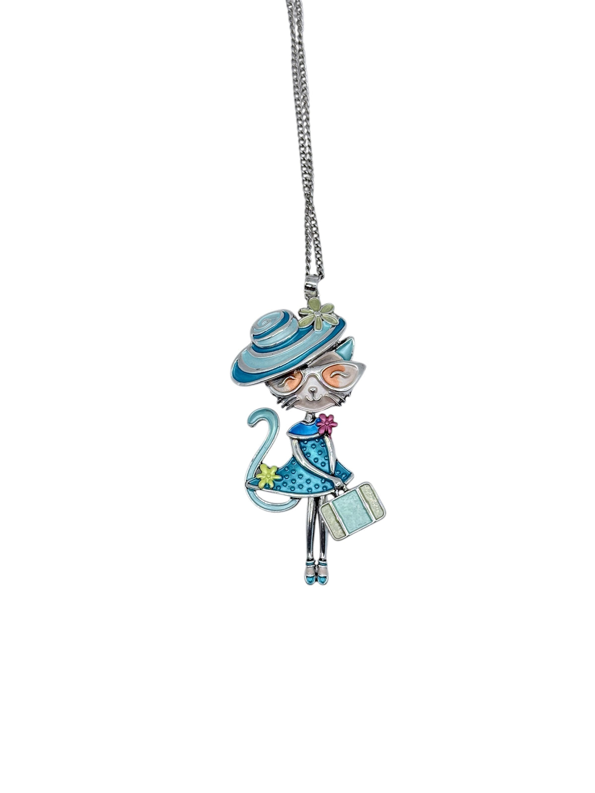 Collar "Aqua" - Collar largo con diseño de gatita elegante con sombrero azul y maleta