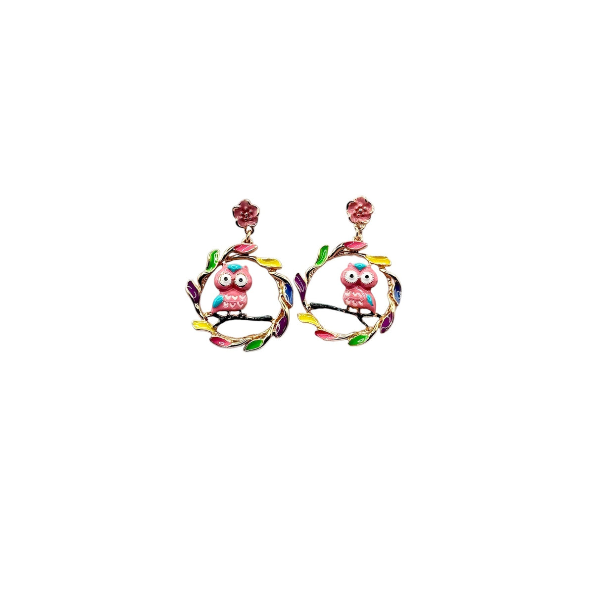 Pendientes "Rosa Silvestre" - Pendientes de acero esmaltado con diseño de búhos rosas entre ramas y hojas de colores.