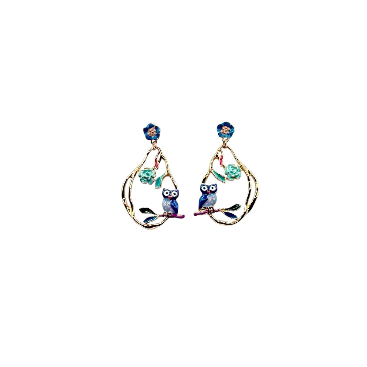 Pendientes "Sueño Azul" - Pendientes de acero esmaltado con diseño de búhos sobre una rama rodeados de flores.
