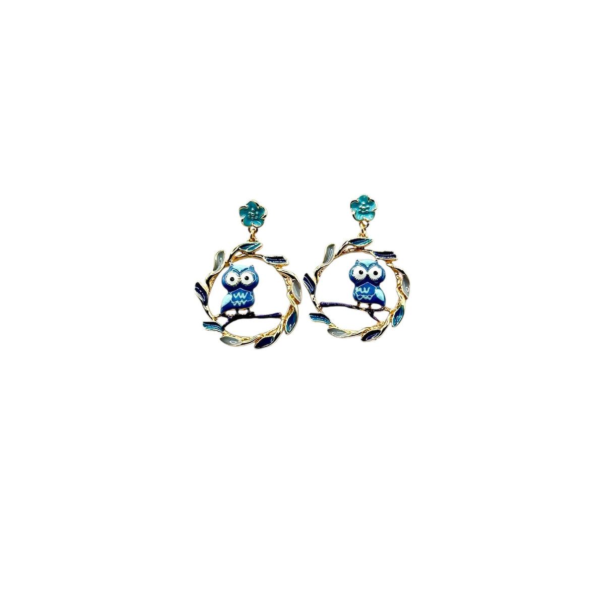 Pendientes "Búho en el Bosque" - Pendientes de acero esmaltado con diseño de búho entre ramas.